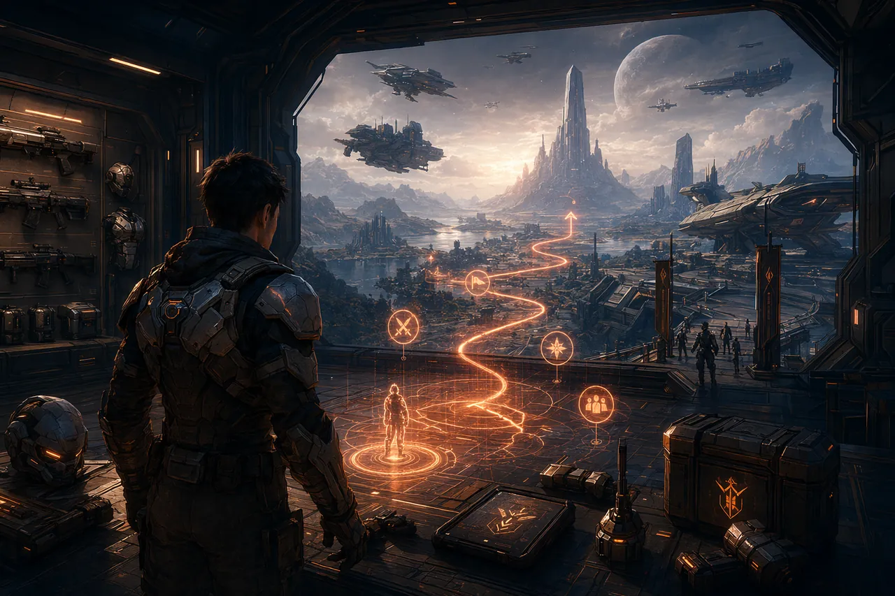 A new recruit looking out over a glowing path into a sci-fi world