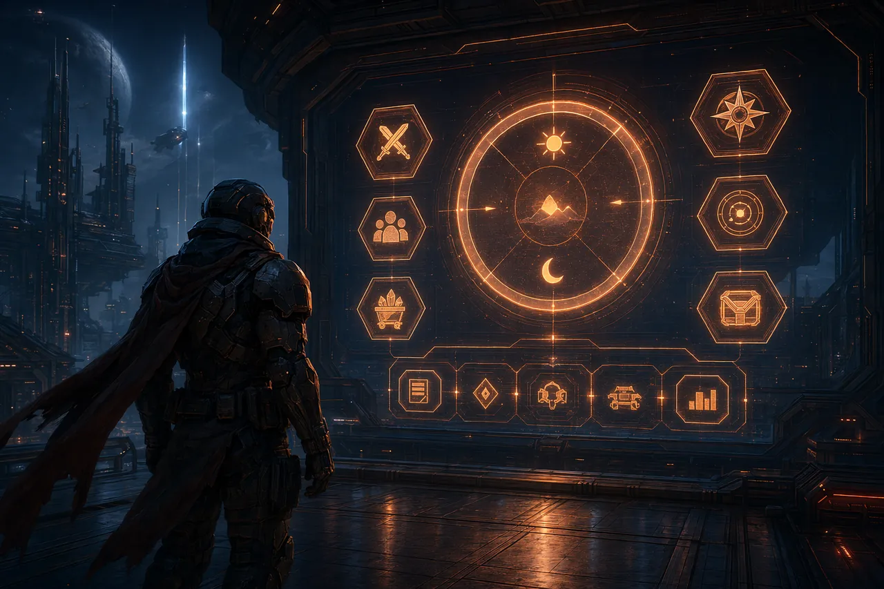 A tactical day-planner board showing reset clocks, mission tickets and dungeon icons