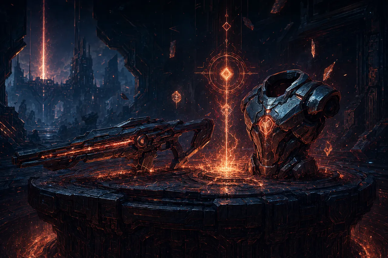 A glowing weapon on an anvil surrounded by enhancement stones and protection kits