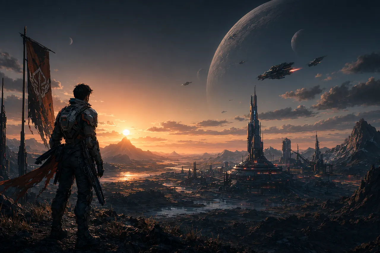 A new mercenary at dawn overlooking a sci-fi battlefield