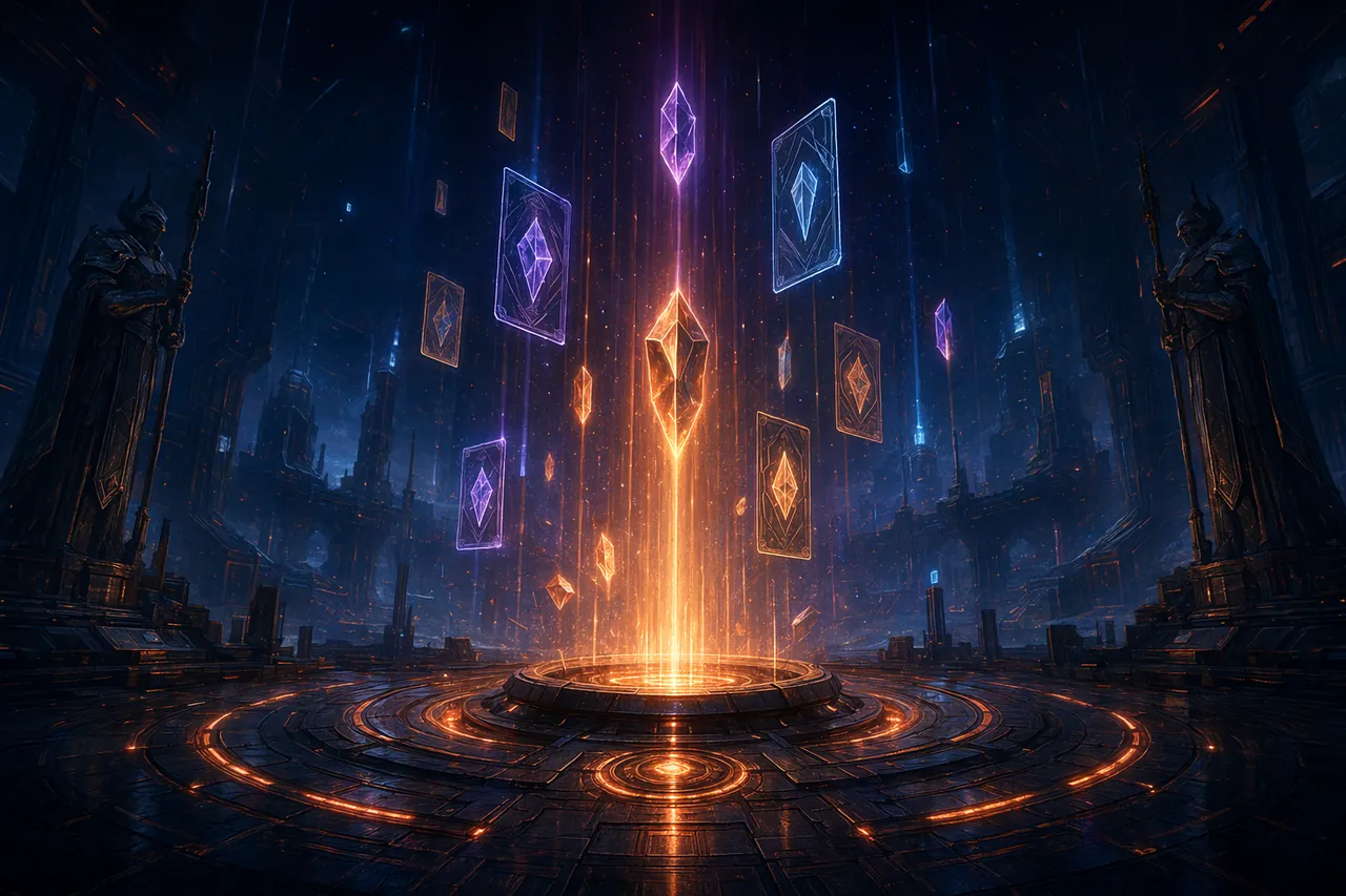 A glowing summoning portal emitting rarity crystals