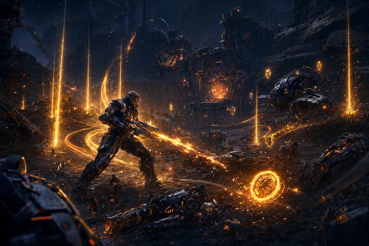 An RF Online Next character grinding through a neon zone dungeon surrounded by mechanical enemies