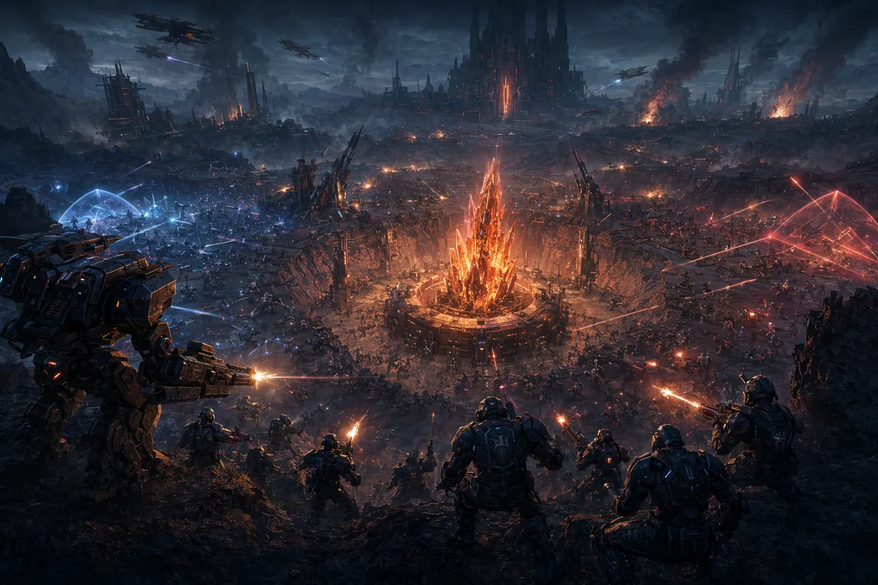 A mass three-faction battle around a glowing mine core