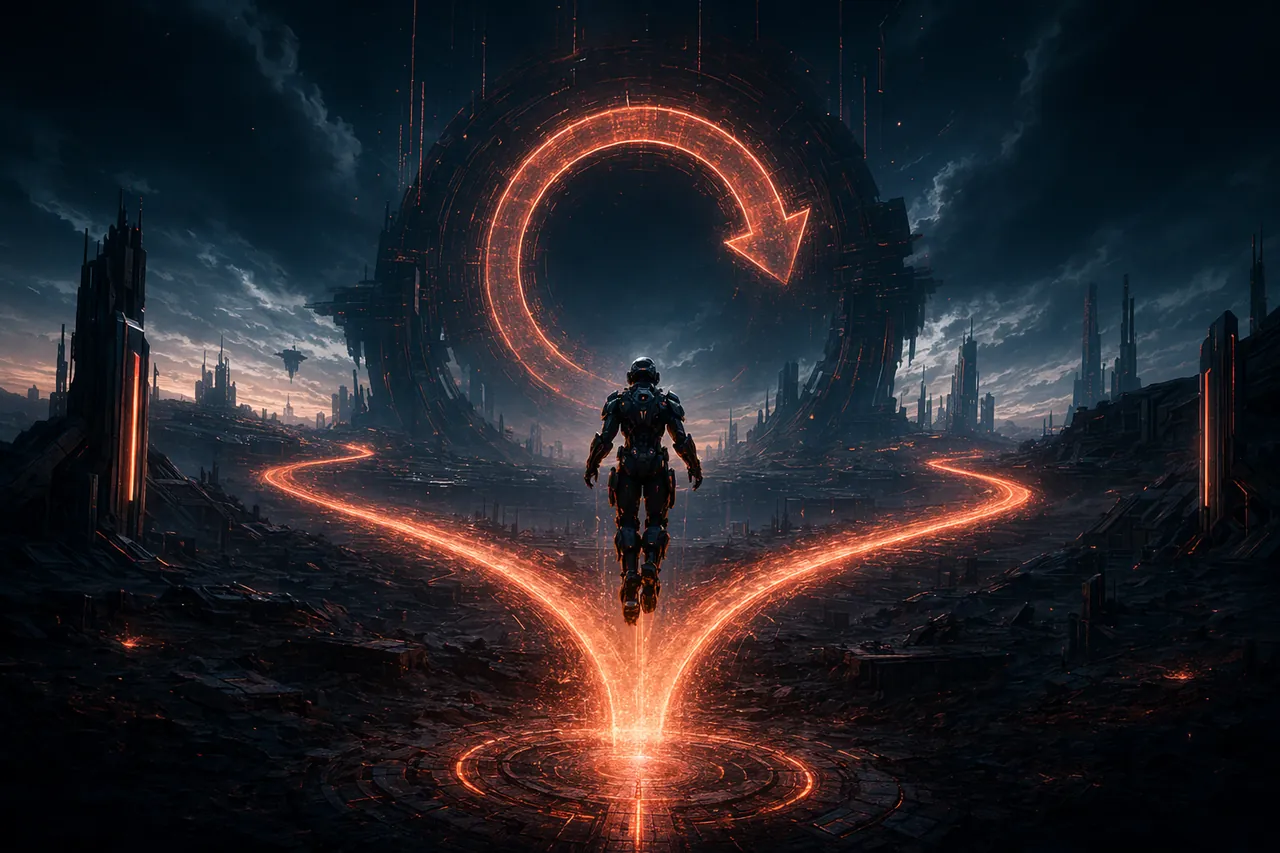 A figure at a forking path of glowing energy, deciding whether to restart
