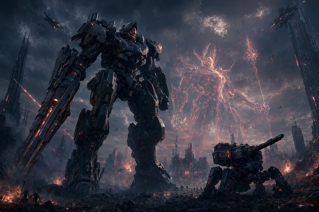 A piloted battle-mech beside a turret with a glowing summon behind it