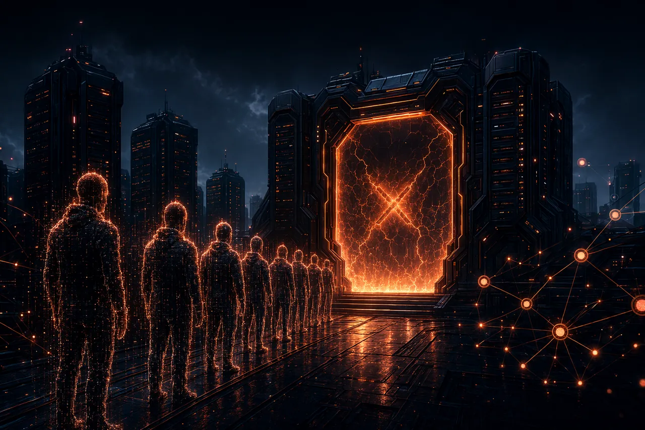A line of players held at a sealed, capacity-locked server gate in a dark sci-fi city, illustrating the RF Online Next server full screen