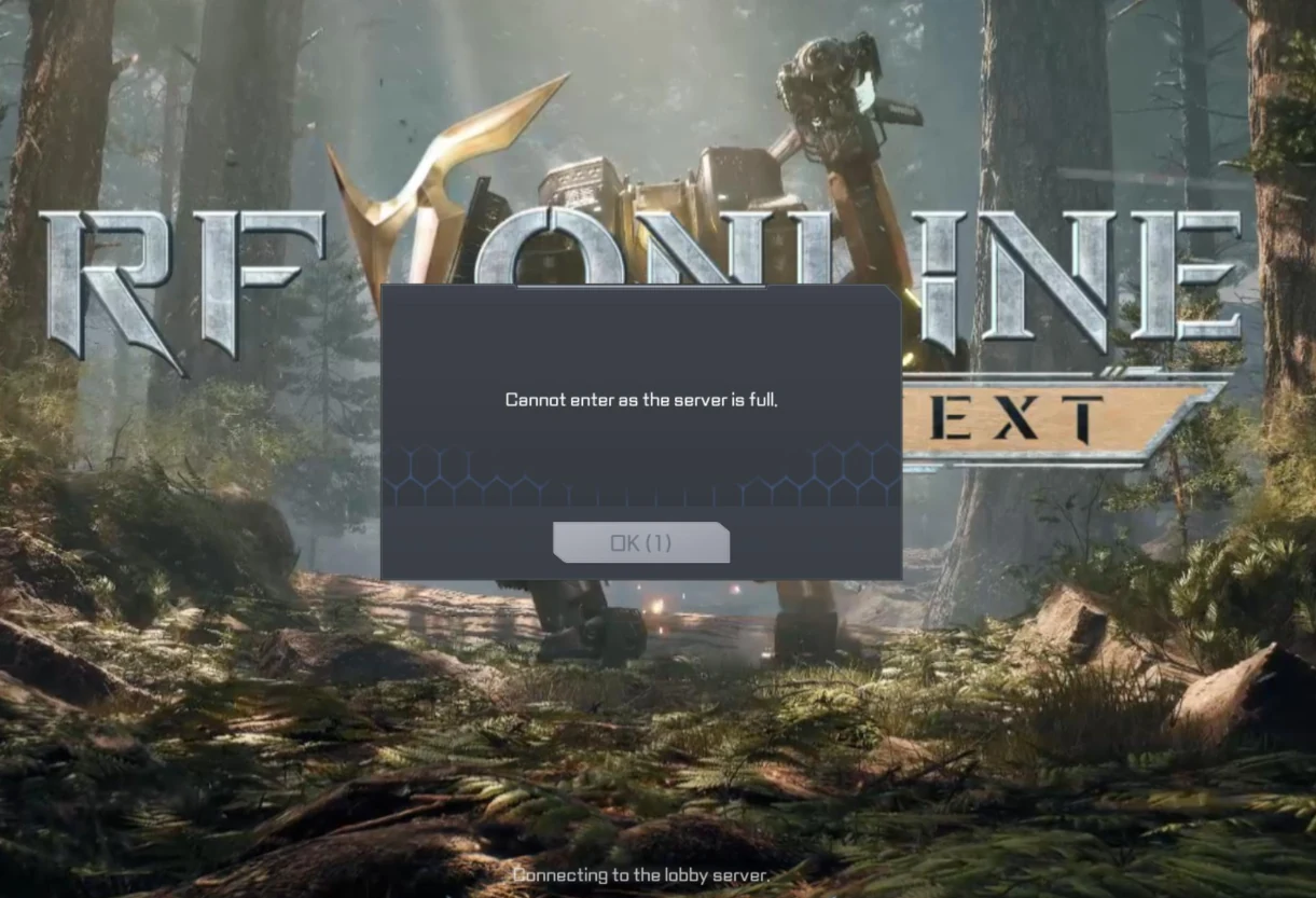 RF Online Next login screen with a dialog reading 'Cannot enter as the server is full' while the client is connecting to the lobby server